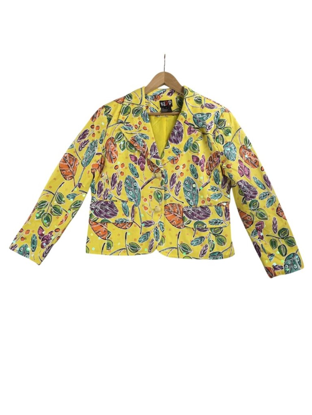 Vintage Redd Jeans Jacket Women 6 Yellow Leaf Print Sequin Blazer Lined Colorful